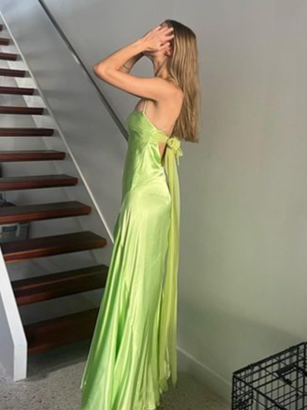 Soft Spaghetti Strap Sleeveless Mermaid Satin Evening Prom Dresses Online, OLP826