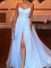 Gorgeous Spaghetti Strap Sleeveless A-line Tulle Long Prom Dresses With Slit Online, OL520