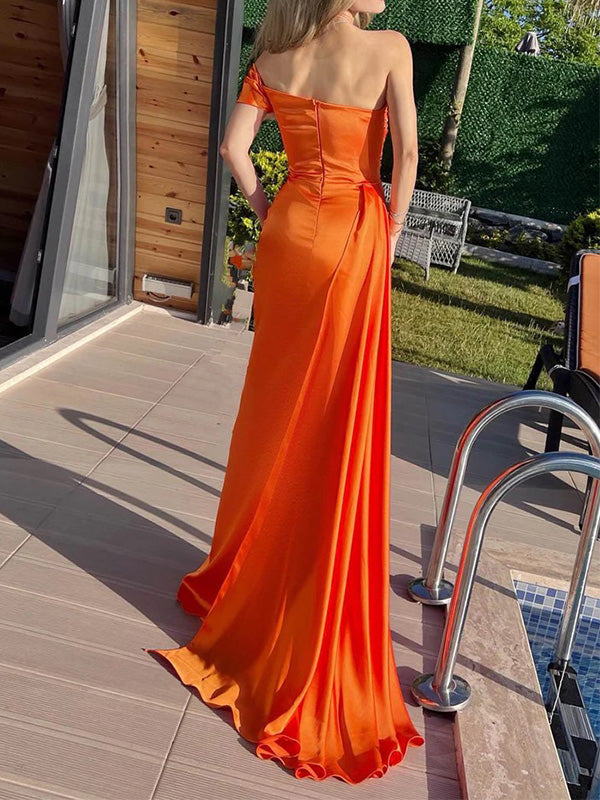 Soft One-shoulder Sleeveless Mermaid Satin Long Evening Prom Dresses Online, OLP744