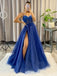 Elegant Spaghetti Strap Sleeveless A-line Tulle Long Prom Dresses With Slit Online, OL540