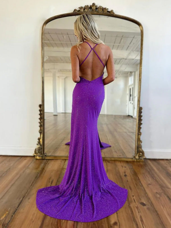 Sexy V-neck Sleeveless Mermaid Satin Long Prom Dresses With Trailing For Party Online, OL324