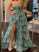 Elegant Sweetheart Sleeveless A-line Tulle Ruffles Long Prom Dresses With Slit Online, OL544