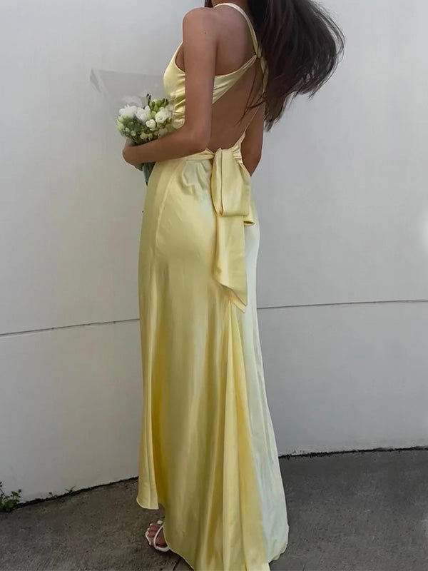 Sexy V-neck Sleeveless Mermaid Satin Evening Prom Dresses Online, OLP972