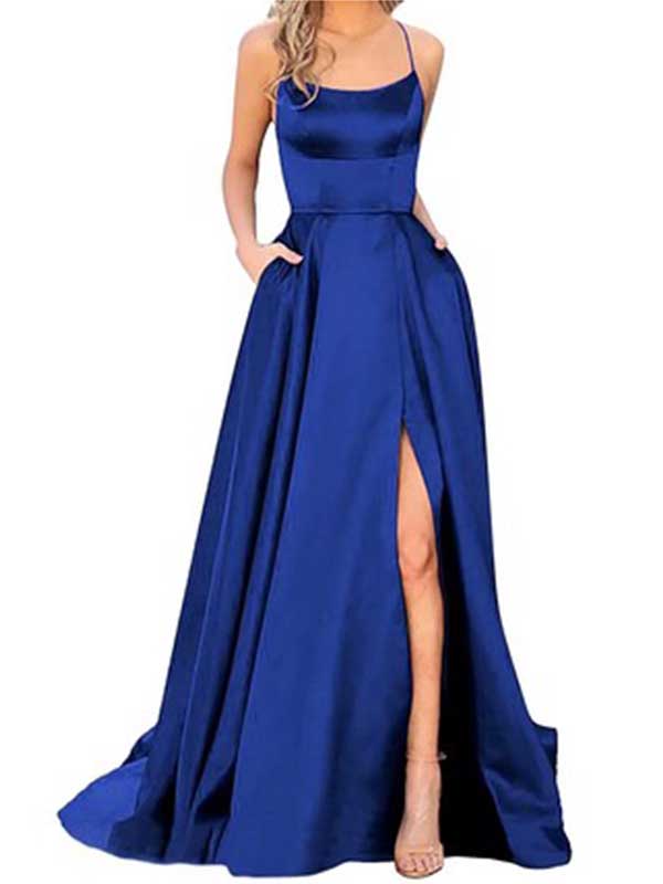 Formal Spaghetti Strap Sleeveless A-line Satin Long Prom Dresses With Trailing Online, OL472