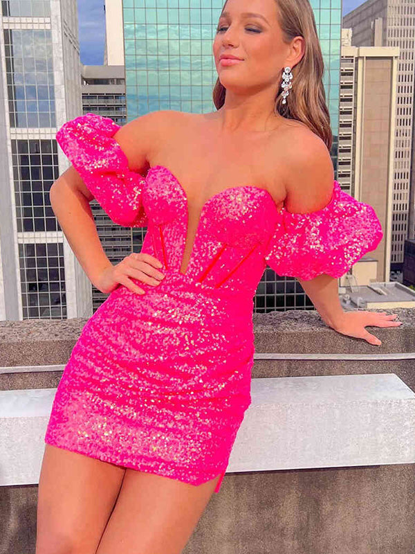 Shiny Off-shoulder Sleeveless Short Sequin Mermaid Homecoming Dresses For Party Online, HD0804