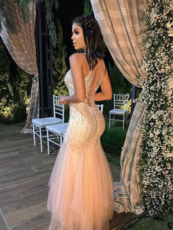 Sexy Spaghetti Strap V-neck Sleeveless Mermaid Tulle Long Prom Dresses For Party Online, OL452