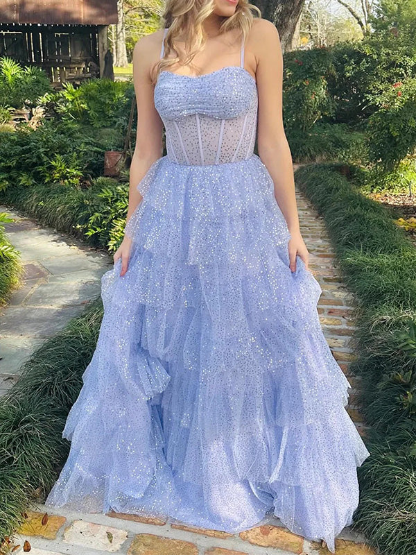 Elegant Spaghetti Strap Sleeveless Ruffles A-line Sequin Long Prom Dresses For Party Online, OL344