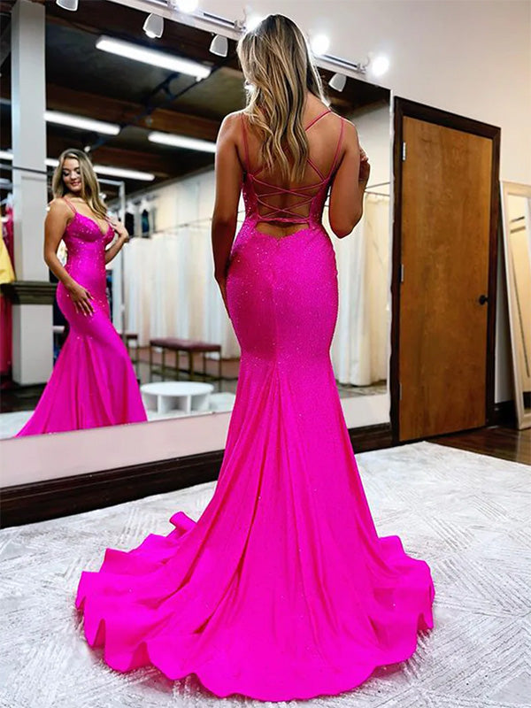 Sexy Spaghetti Strap V-neck Satin Mermaid Long Prom Dress With Trailing Online, OL300