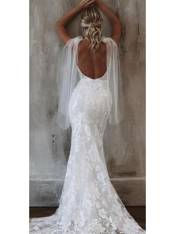 Sexy V-neck Sleeveless Mermaid White Long Lace Wedding Dresses With Trailing, WD0546