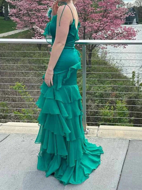 Sexy V-neck Spaghetti Strap Jersey Mermaid Long Prom Dress Online, OL288