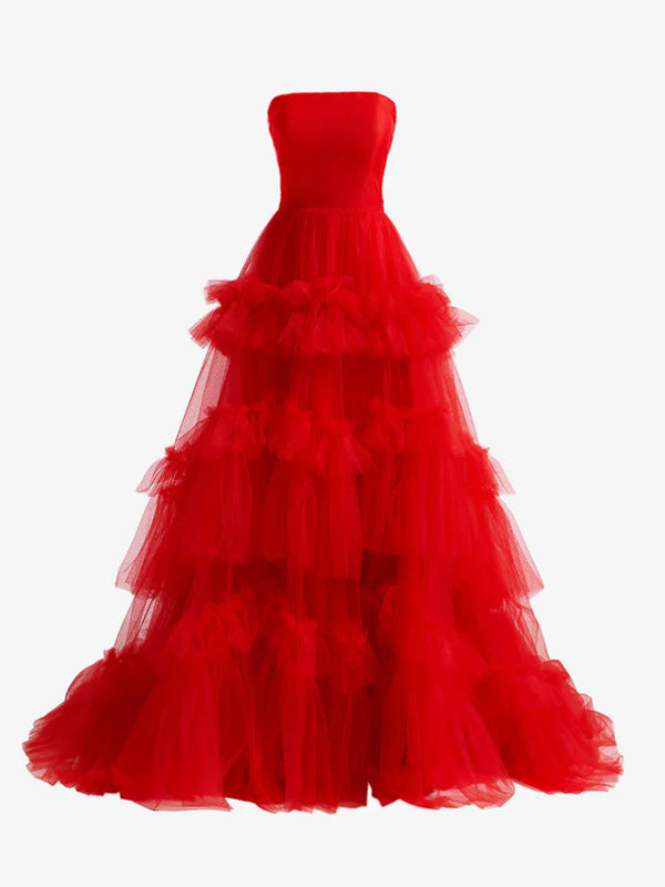 Formal Sweetheart Sleeveless Gown A-line Tulle Red Ruffles Long Prom Dresses Online, OLP590