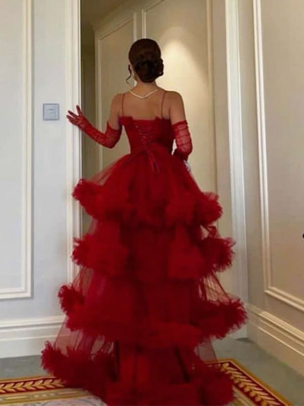 Formal Off-shoulder Sleeveless A-line Tulle Red Long Prom Dresses Online, OLP616