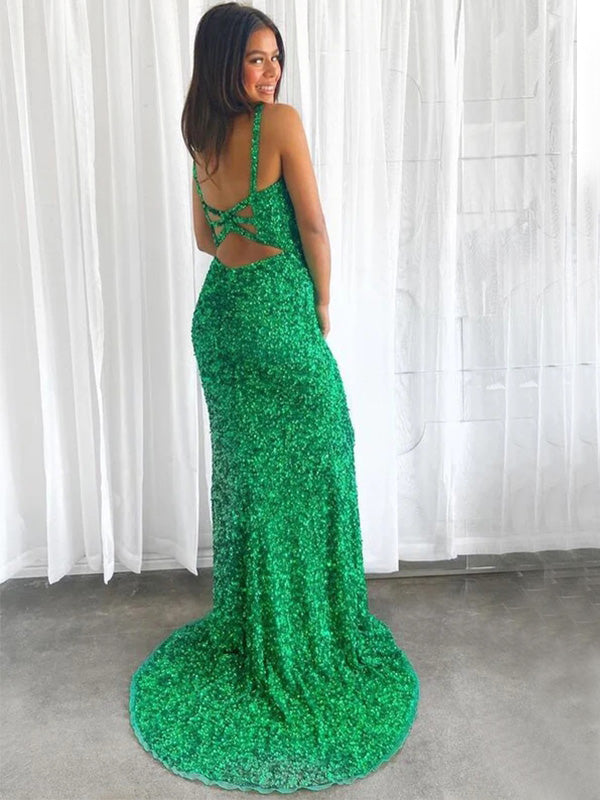 Sexy V-neck Sleeveless Mermaid Sequin Long Prom Dresses With Trailing For Party Online, OL380