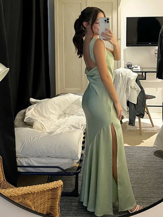 Soft Spaghetti Strap Sleeveless Mermaid Satin Evening Prom Dresses Online, OLP1142