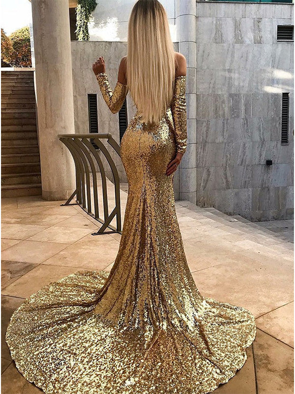 Sexy Sweetheart Full Sleeve Mermaid Sequin Long Evening Prom Dresses Online, OLP708