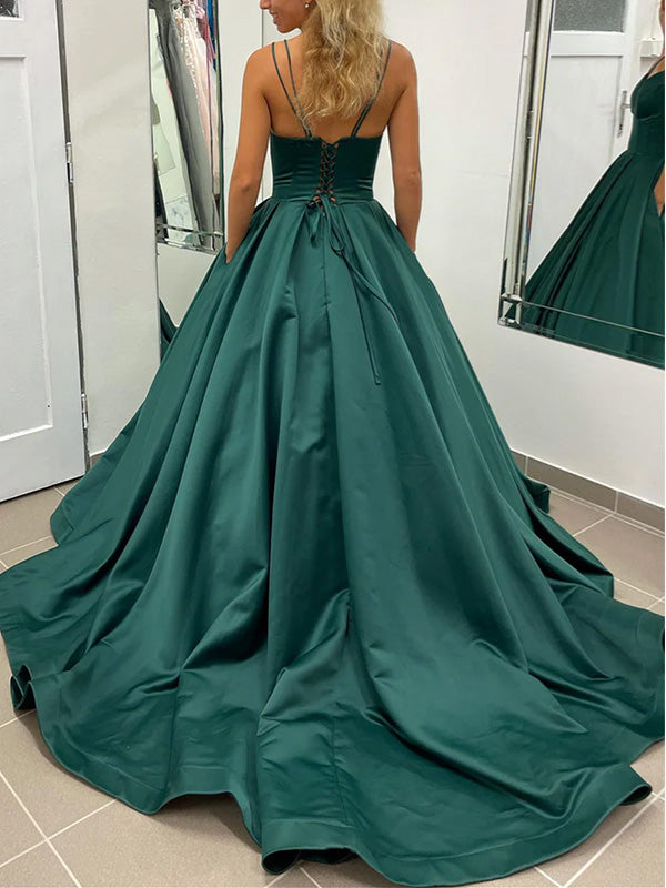 Formal V-neck Satin A-line Long Prom Dress With Trailing Online, OL320