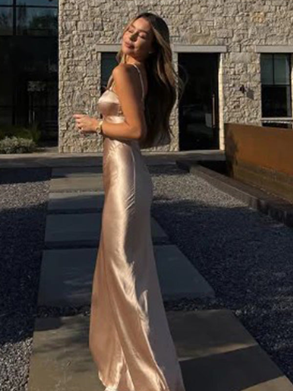 Sexy Spaghetti Strap Sleeveless Mermaid Satin Evening Prom Dresses Online, OLP988