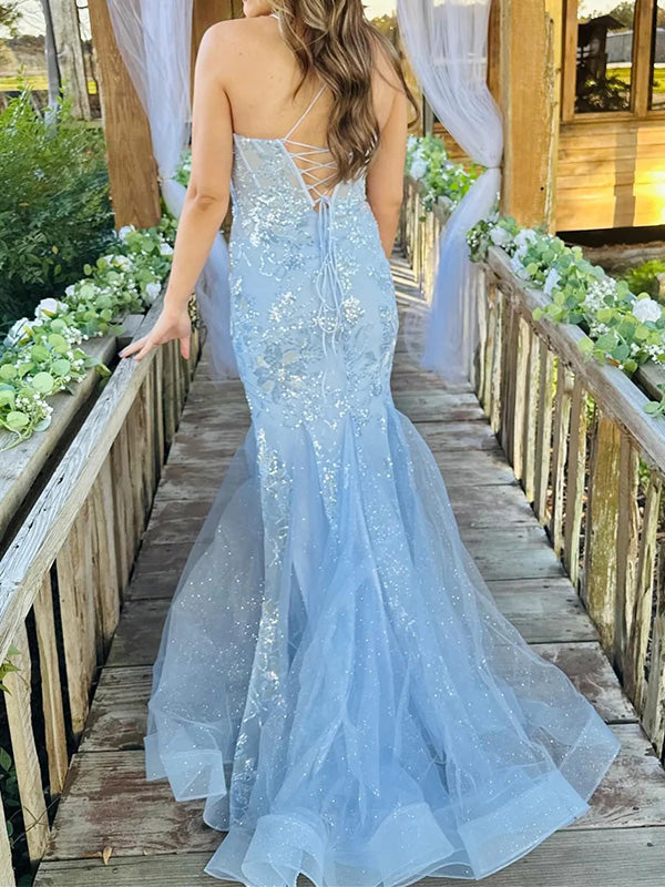 Gorgeous Spaghetti Strap Sleeveless Lace Mermaid Tulle Long Prom Dresses With Trailing For Party Online, OL348