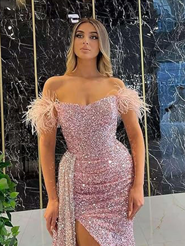 Sexy Off-shoulder Sleeveless Mermaid Sequin Evening Prom Dresses Online, OLP794