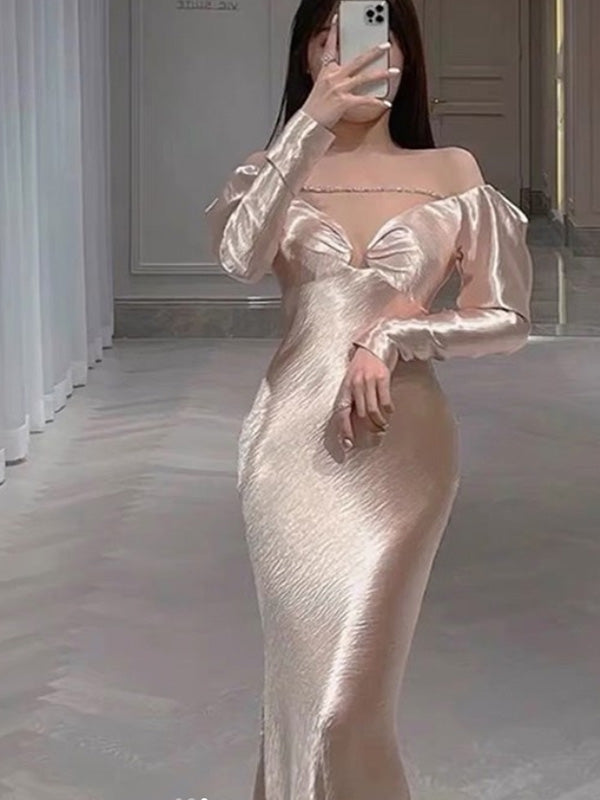 Soft Sweetheart Full Sleeve Mermaid Satin Long Evening Prom Dresses Online, OLP689