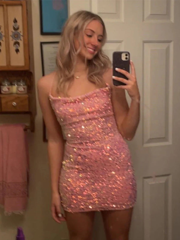 Sexy Spaghetti Strap Sleeveless Mermaid Sequin Pink Short Homecoming Dresses For Party Online, HD1035