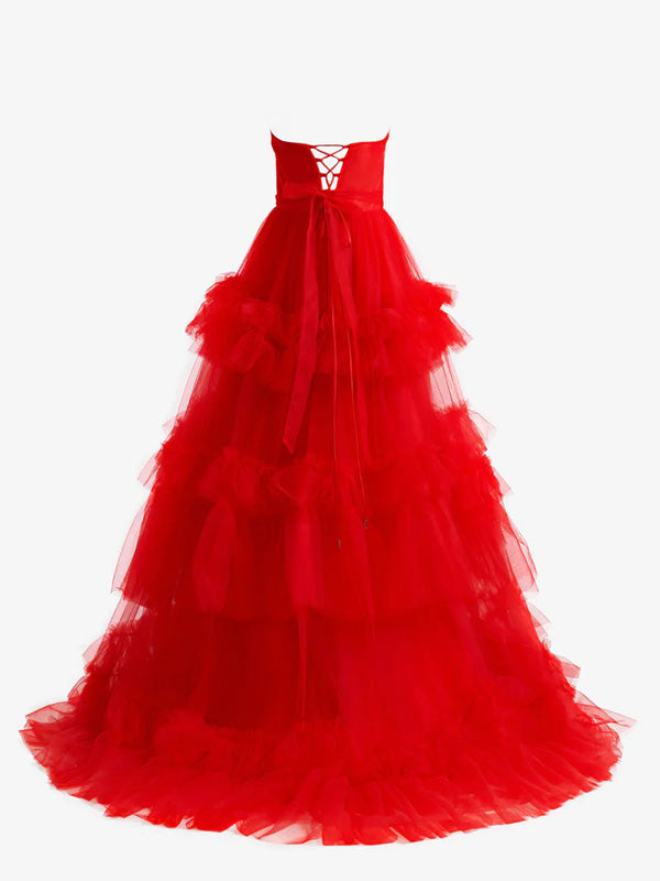 Formal Sweetheart Sleeveless Gown A-line Tulle Red Ruffles Long Prom Dresses Online, OLP590