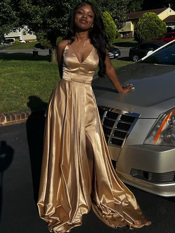 Sexy Spaghetti Strap Sleeveless A-line Satin Long Prom Dresses Online, OLP596