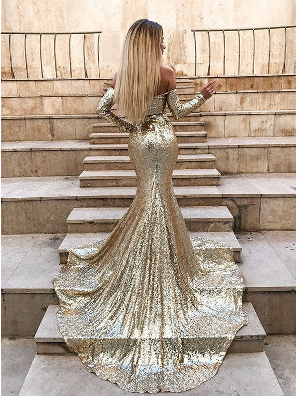 Sexy Sweetheart Full Sleeve Mermaid Sequin Long Evening Prom Dresses Online, OLP708