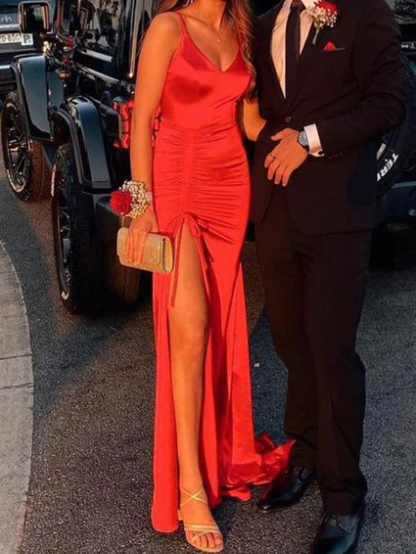 Sexy Spaghetti Strap Sleeveless Mermaid Satin Long Evening Prom Dresses Online, OLP712