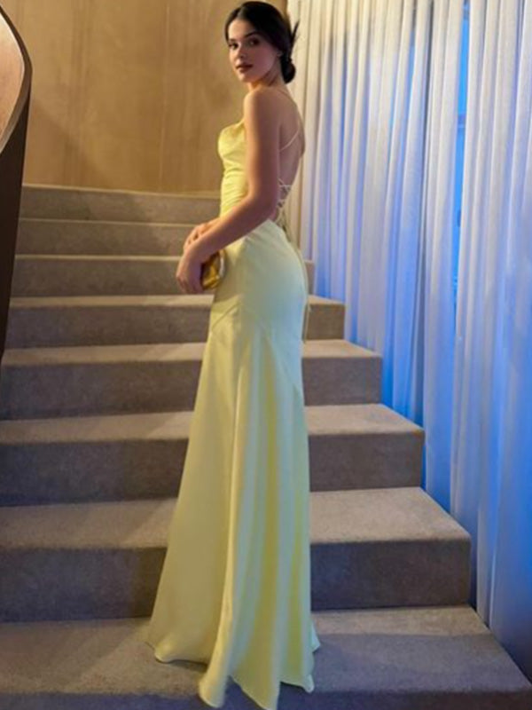 Soft Spaghetti Strap Sleeveless Mermaid Satin Long Evening Prom Dresses Online, OLP779