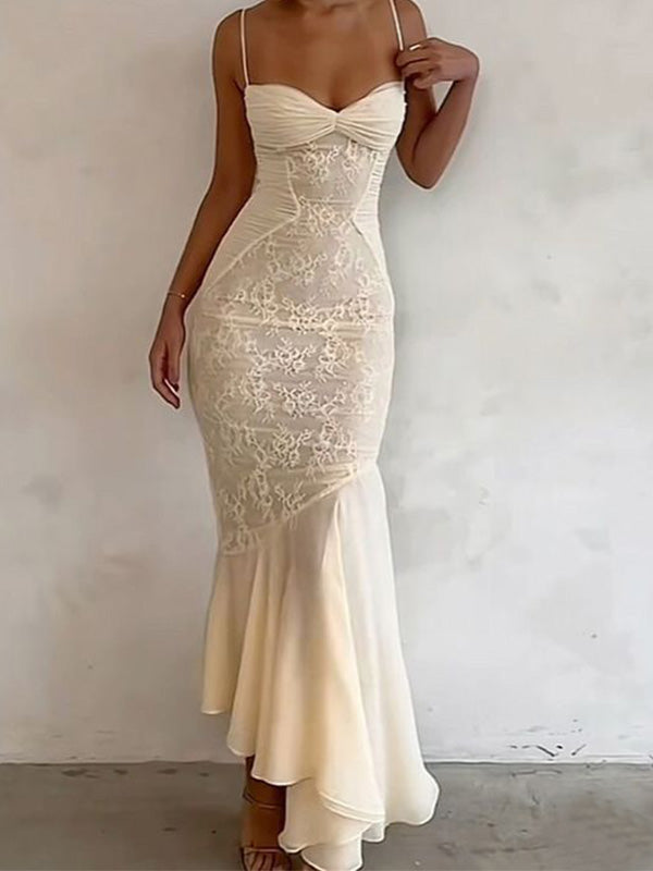 Vintage Spaghetti Strap Sleeveless Mermaid Satin Long Prom Dresses Online, OLP624