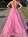 Elegant Spaghetti Strap Sleeveless A-line Tulle Long Prom Dresses With Slit For Party Online, OL384