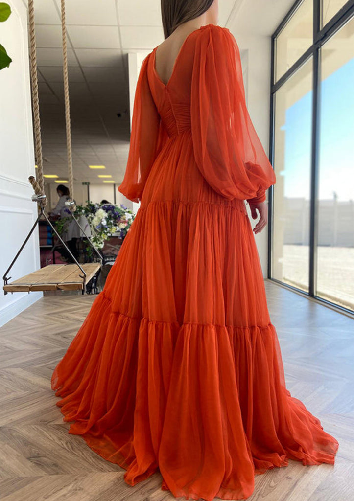 New Arrival Long Sleeves Deep V-neck Chiffon A-line Orange Evening Prom Dress, OL020