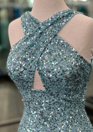 Sparkly Halter Mermaid Sequins Pool Long Evening Prom Dress with Side Slit, OL024