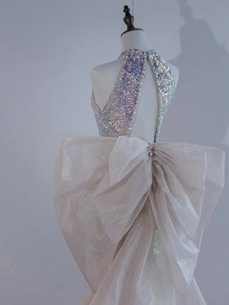 Sparkly Halter Mermaid Sleeveless Long Prom Dresses with Bowknot Trailing, OL718