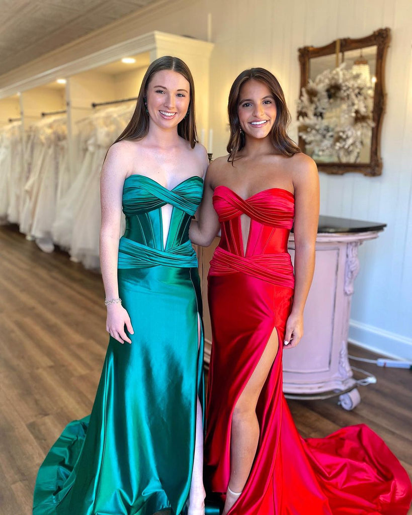 New Arrival Sweetheart Sleeveless Green Red Mermaid Prom Dresses with Side Slit, OL009