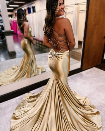 New Arrival Spaghetti Straps V-neck Cross Back Mermaid Prom Dresses, OL008