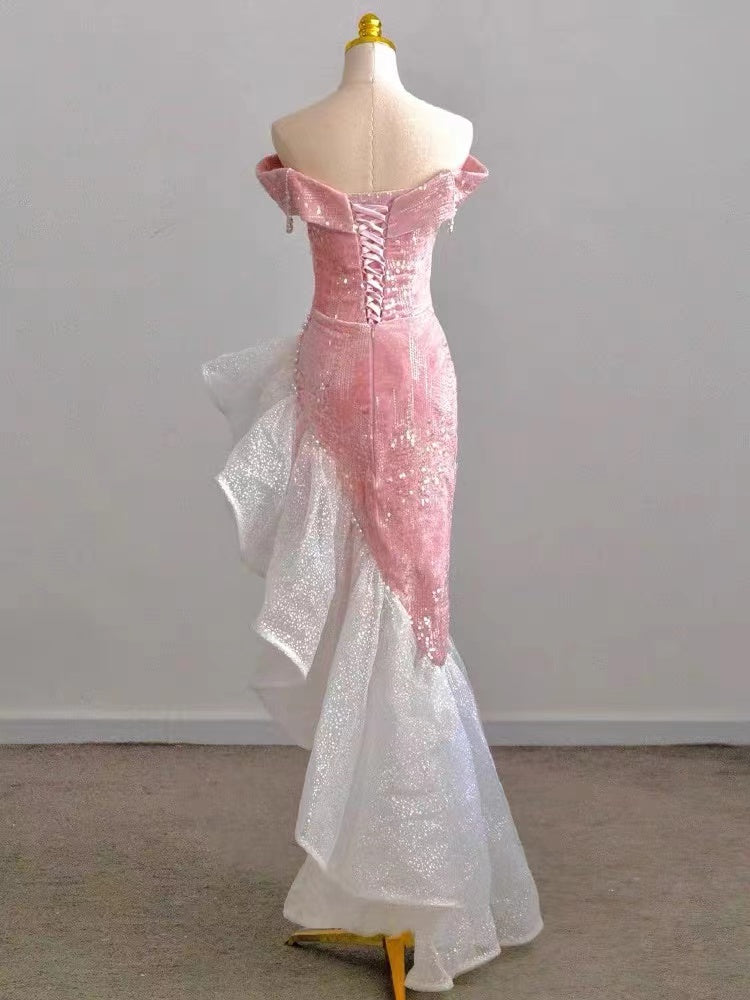 New Arrival Off the Shoulder Mermaid Pink Velvet Prom Dresses with Beading, OL010