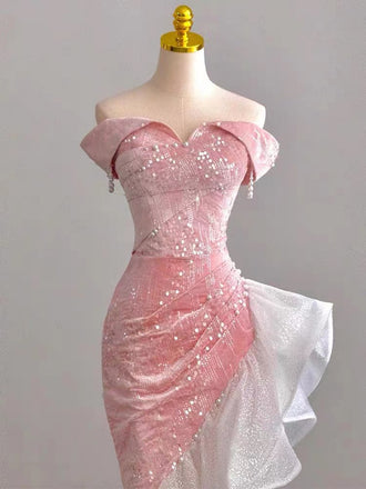 New Arrival Off the Shoulder Mermaid Pink Velvet Prom Dresses with Beading, OL010