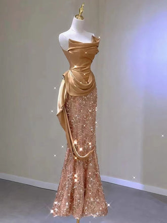 New Arrival Sleeveless Mermaid Cowl Neck Satin Prom Dresses , OL011