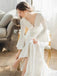 Elegant long Sleeves V-neck A-line Backless Lace White Wedding Dresses, WD0544
