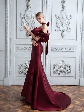 New Arrival Sexy Off the Shoulder Mermaid Burgundy Satin Prom Dress, OL016