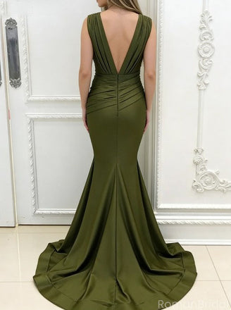 Elegant Green V-Neck Mermaid Long Prom Dress Ideas, Evening Party Dresses, OLP1272
