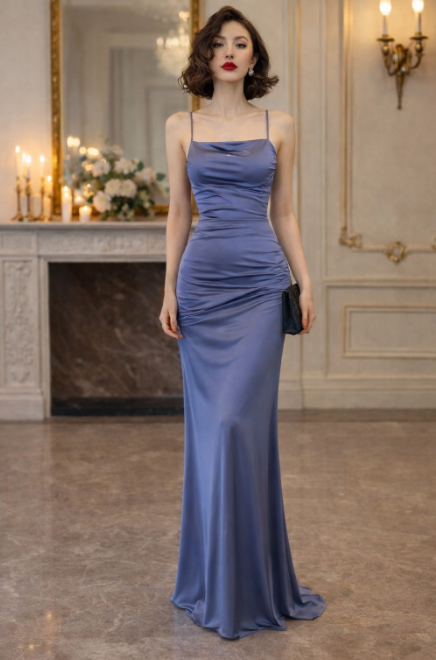 Sexy Blue Satin Mermaid Prom Dress Ruched Bodice Elegant Square Neck Gown,OLP1961