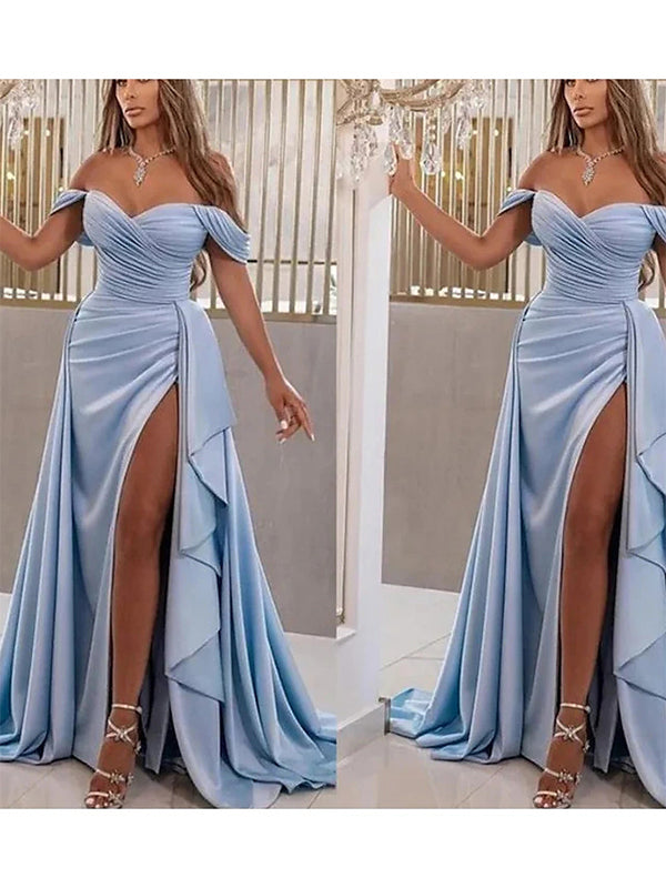 Elegant Off the Shoulder Sky Blue Mermaid Side Slit Evening Prom Dress Online, OL080
