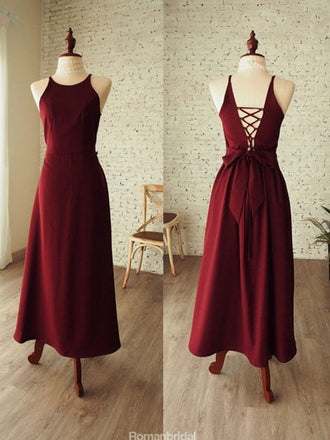 Halter Sleeveless Lace Up Back Burgundy Bridesmaid Dress With Belt, BD0541