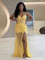 Stunning Yellow Floral Lace Sleeveless V-Neck Sheath High-Slit Prom Dress ,OLP2376