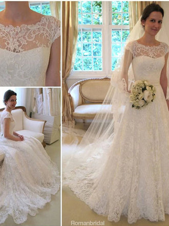 New Arrival Gorgeous Bateau Neck Cap Sleeve Lace Wedding Dresses with train, WD0346