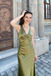 Chic Olive Green Satin V-Neck Ruched Long Prom Dress with Back Details,OLP2183