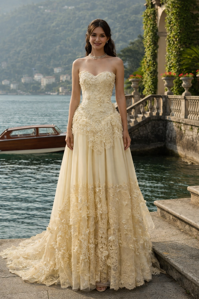 Elegant Yellow Floral Sweetheart A-Line Long Prom Dress Ideas, Evening Party Dresses , OLP1244